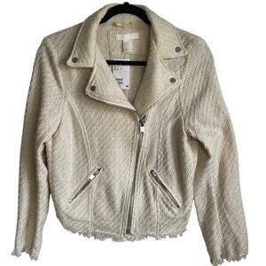 H&M Tweed Cream Moto Jacket NEW Sz 4 Fringe Hem Silver Hardware Shabby Chic